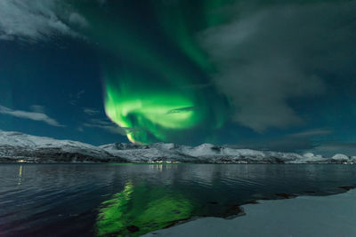 Scenic view of lake against cloudy sky during winter