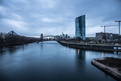 Bridge over river with buildings in background