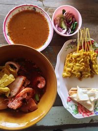 High angle view of meal served on table