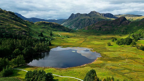 Scenic view of lake and mountains against sky