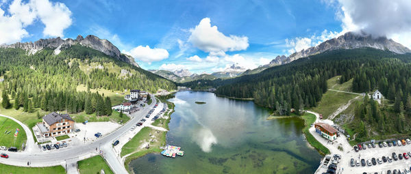 Lake misurina from above, aerial high angle view on sesto dolomites