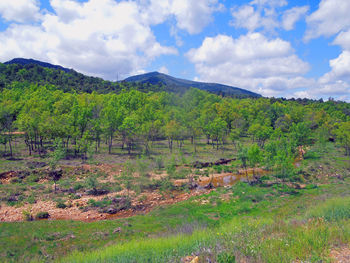 Scenic view of mountains against cloudy sky