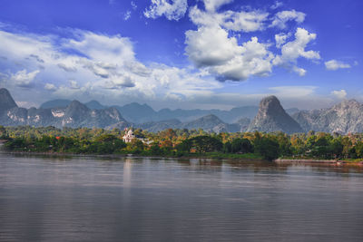 Scenic view of lake against cloudy sky