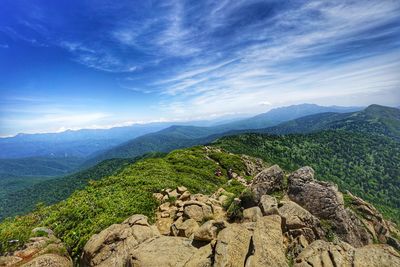 Scenic view of mountains against cloudy sky