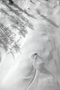 Aerial image of a skier in the backcountry of the kootenays, kaslo, b.c.