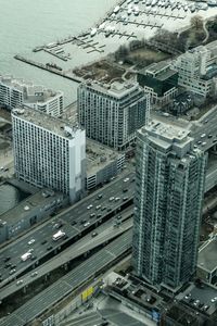 High angle view of street amidst buildings in city