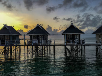 House by sea against sky during sunset