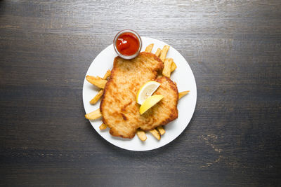 High angle view of food in plate on table