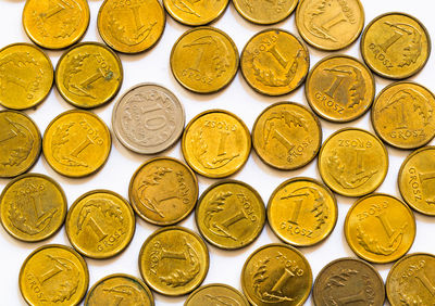 High angle view of coins