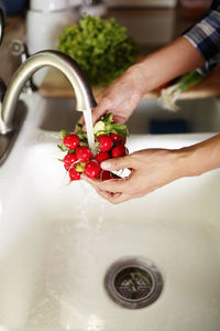 Close up of woman's hands washing buch of radishes