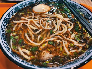 High angle view of soup in bowl