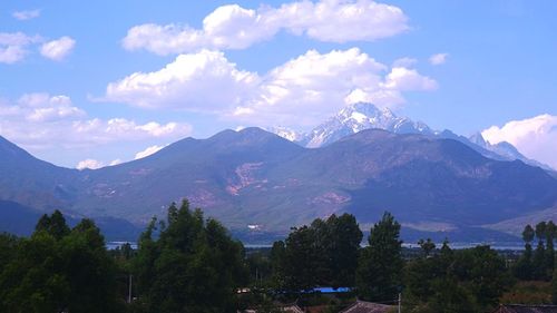 Scenic view of mountains against cloudy sky