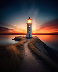 Lighthouse by sea against sky during sunset