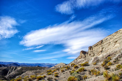 Low angle view of mountain against blue sky