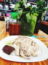 Close-up of food served on table