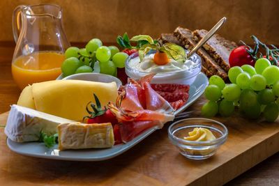 Close-up of fruits served on table