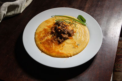 High angle view of food in plate on table