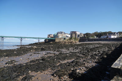 Scenic view of beach against clear blue sky