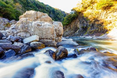 Surface level of water flowing through rocks