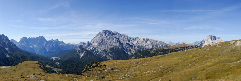 Panoramic view of mountains against blue sky