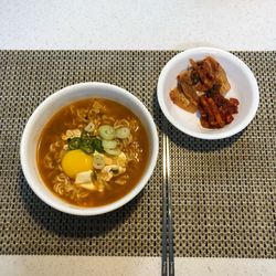 High angle view of soup in bowl on table