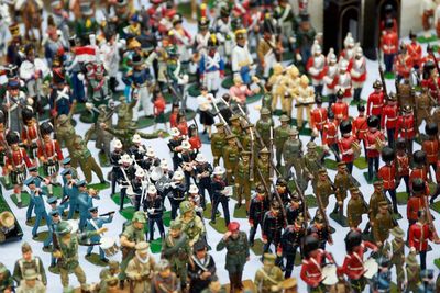 High angle view of toy soldiers on table for sale