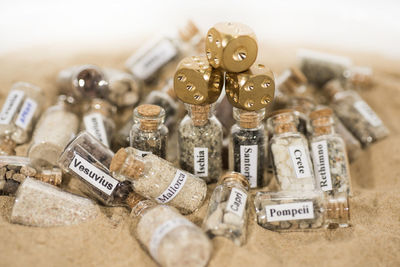 High angle view of wine bottles on table