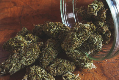 Close-up of plants in jar on table