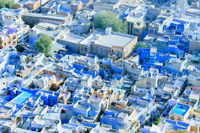 High angle view of small buildings in city
