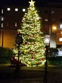 Close-up of illuminated christmas tree at night