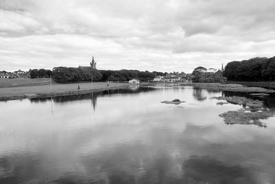 Scenic view of river against cloudy sky