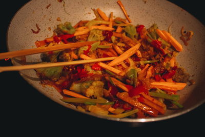 High angle view of chopped vegetables in bowl