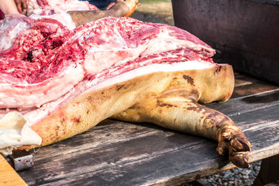 Butchers slaughtering a pig folowing the romanian tradition before christmas