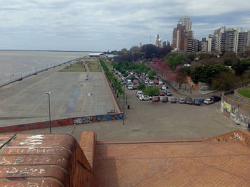 High angle view of city at seaside