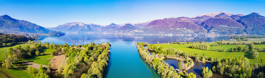 Panoramic view of lake and mountains against clear blue sky