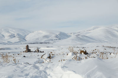 Scenic view of snow covered mountains against sky