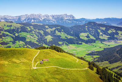 Scenic view of green mountains against sky