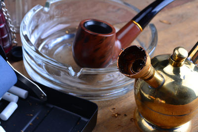 High angle view of drink in jar on table