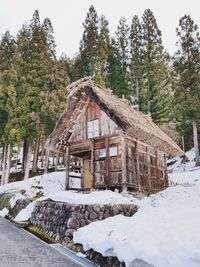 Snow covered field by trees and houses against sky