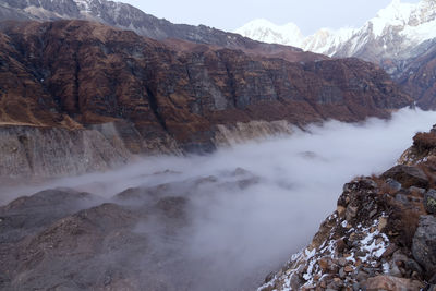 Scenic view of waterfall in mountains