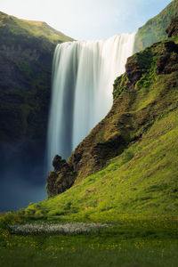 Scenic closeup view of skógafoss waterfall, southern iceland