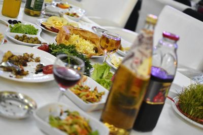 Close-up of food served on table