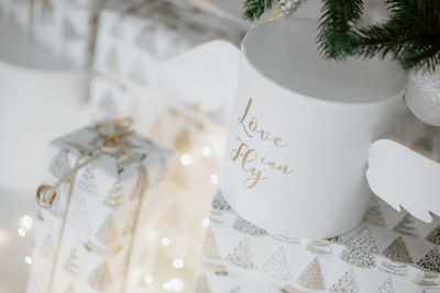 Close-up of text on white table