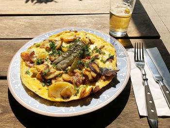 High angle view of meal served on table