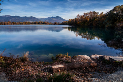 Scenic view of lake by trees against sky