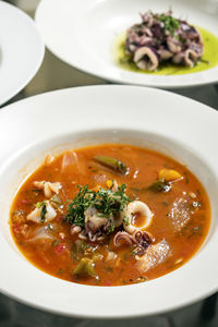 High angle view of soup in bowl on table