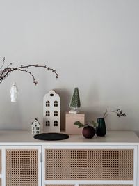 Potted plant on table against wall at home