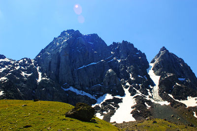 Scenic view of snowcapped mountains against clear sky
