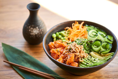 High angle view of salad in bowl on table