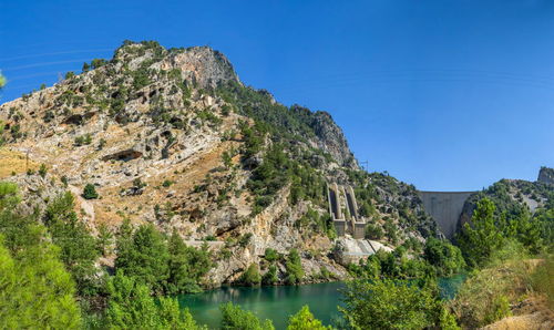 Scenic view of mountains against clear blue sky